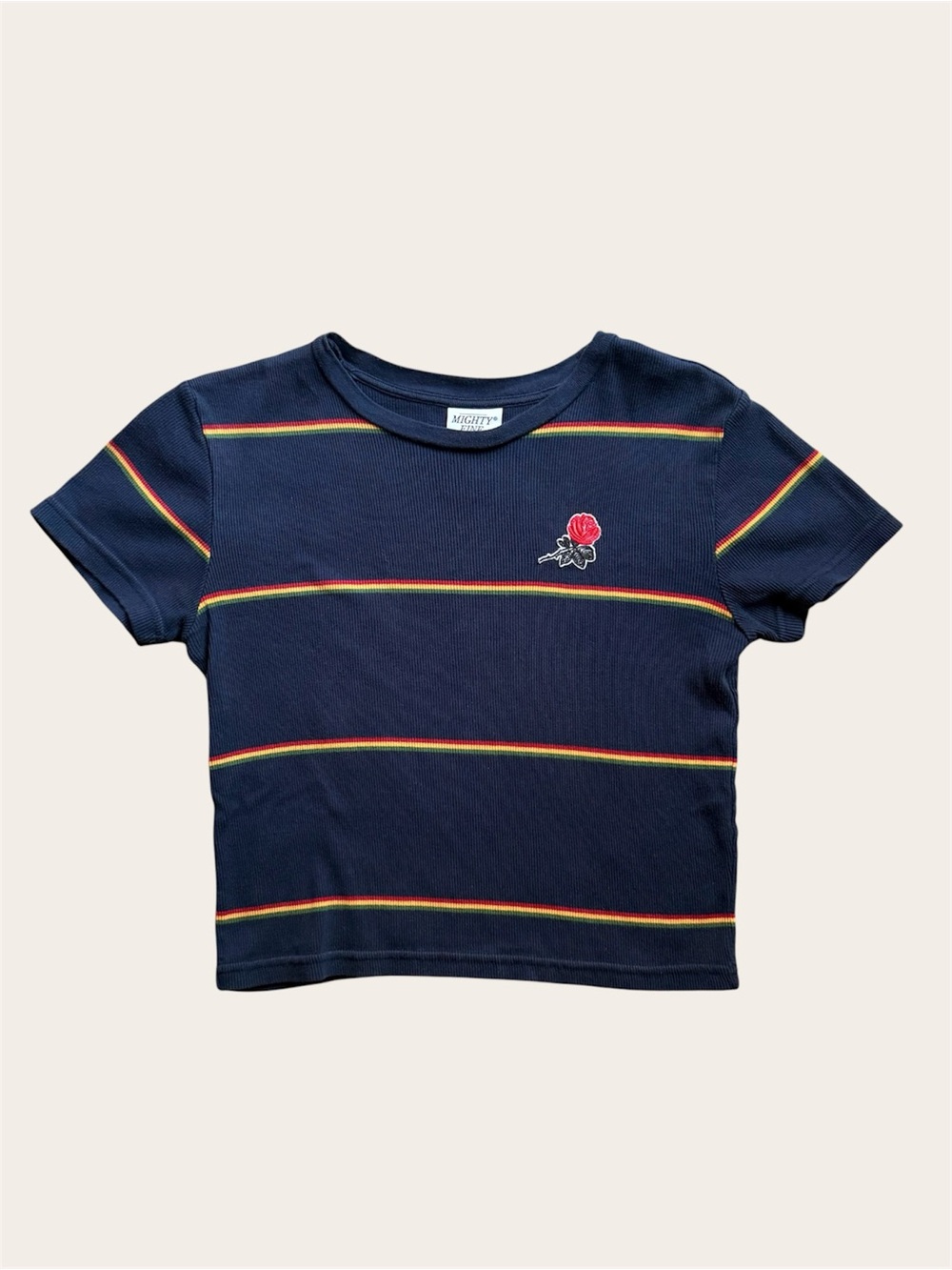 Mighty Fine Navy Striped Crop Tee with Red Rose